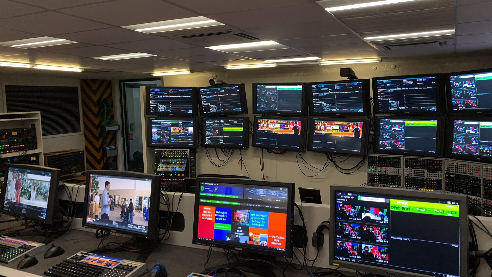 Control room monitors used for advertising and sponsorship segments