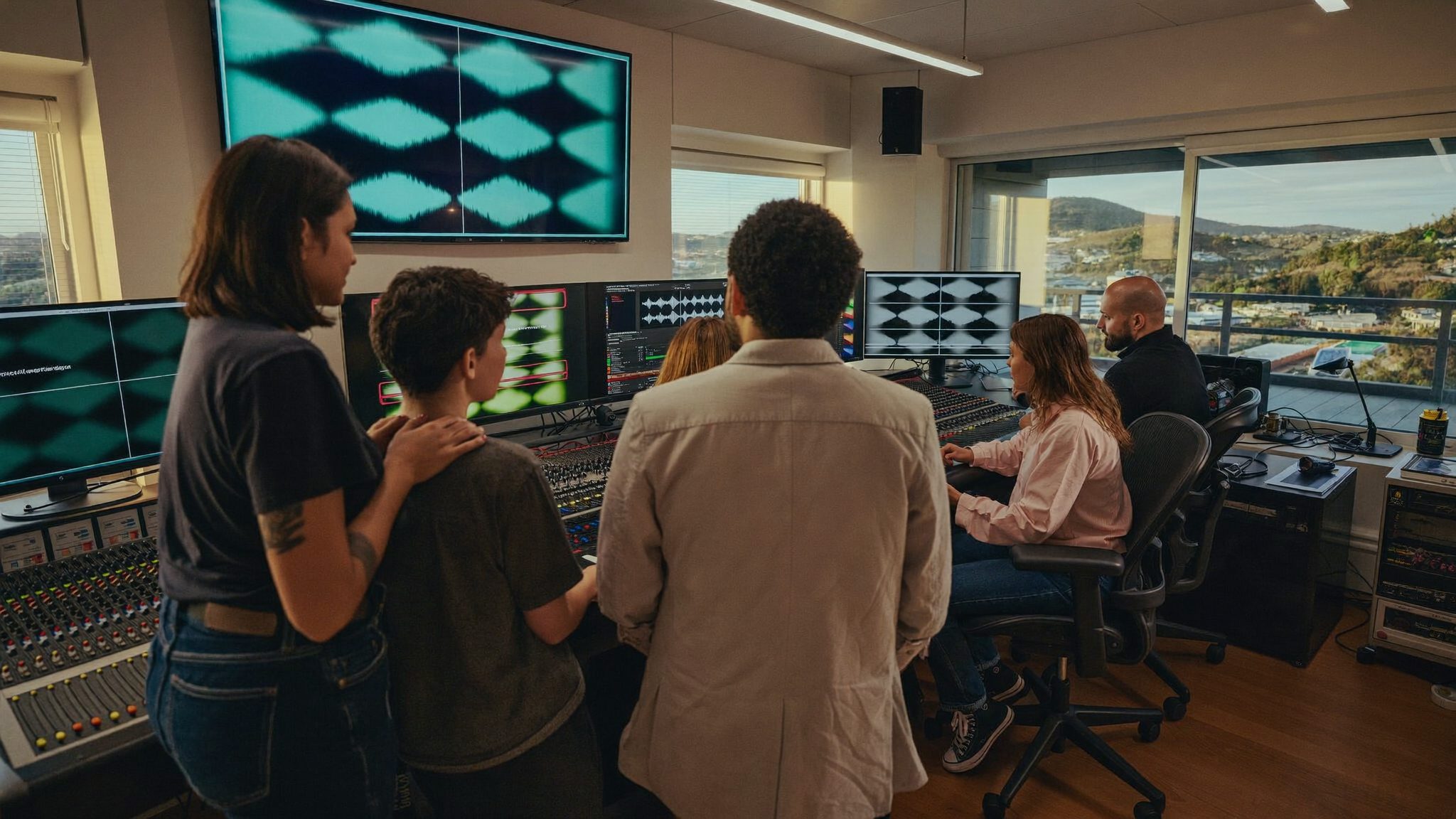 Broadcast production team editing footage together